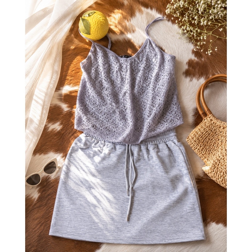 Gray Crochet Lace Camisole Top and Mini Skirt Two Piece Set Women Medium